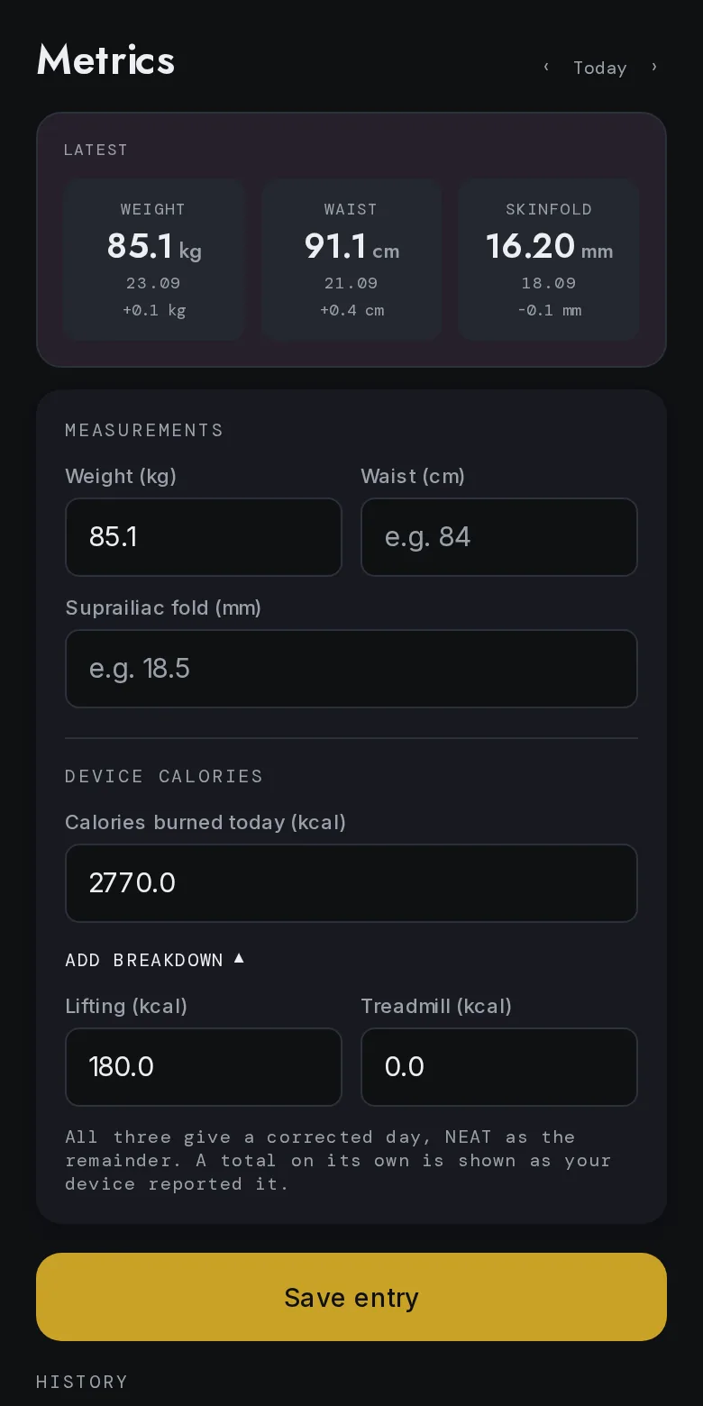 The Body tab: latest weight, waist and skinfold, the entry form and weekly history