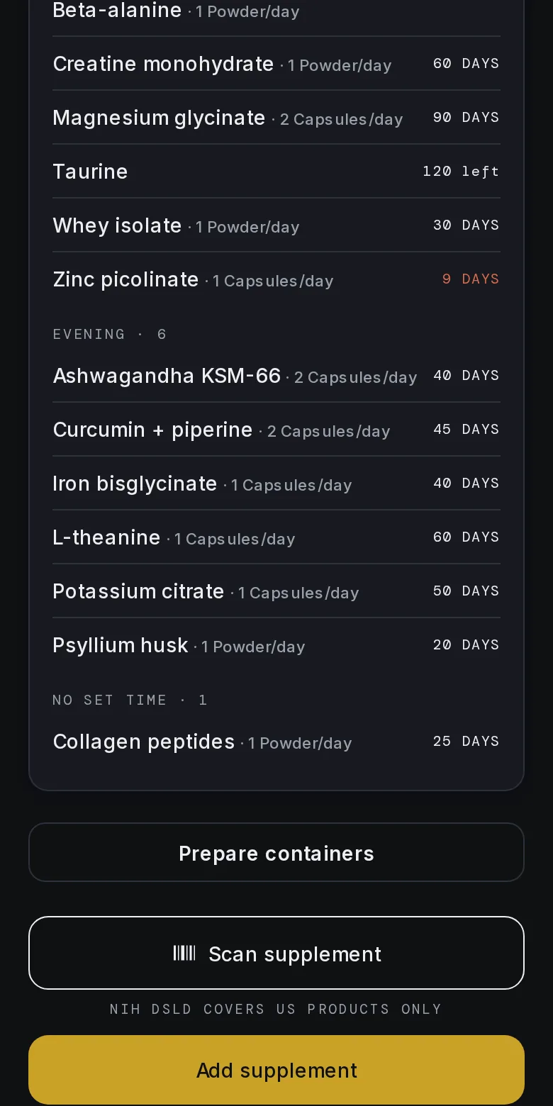 Supplements grouped by time of day, days remaining for each, Prepare containers and Scan supplement