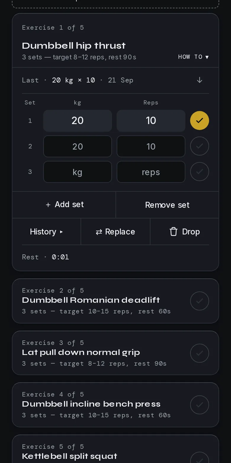 The Train tab: today's session with one set ticked and the rest clock running