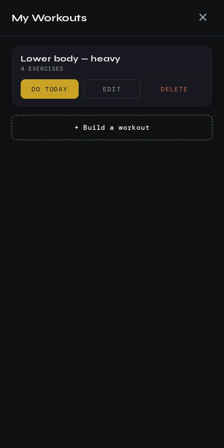 My Workouts: a saved workout with Do today, Edit and Delete